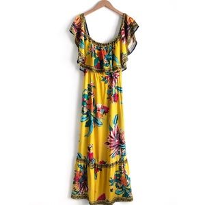 Flying Tomato Yellow Floral Maxi Dress with Pink & Teal Accents